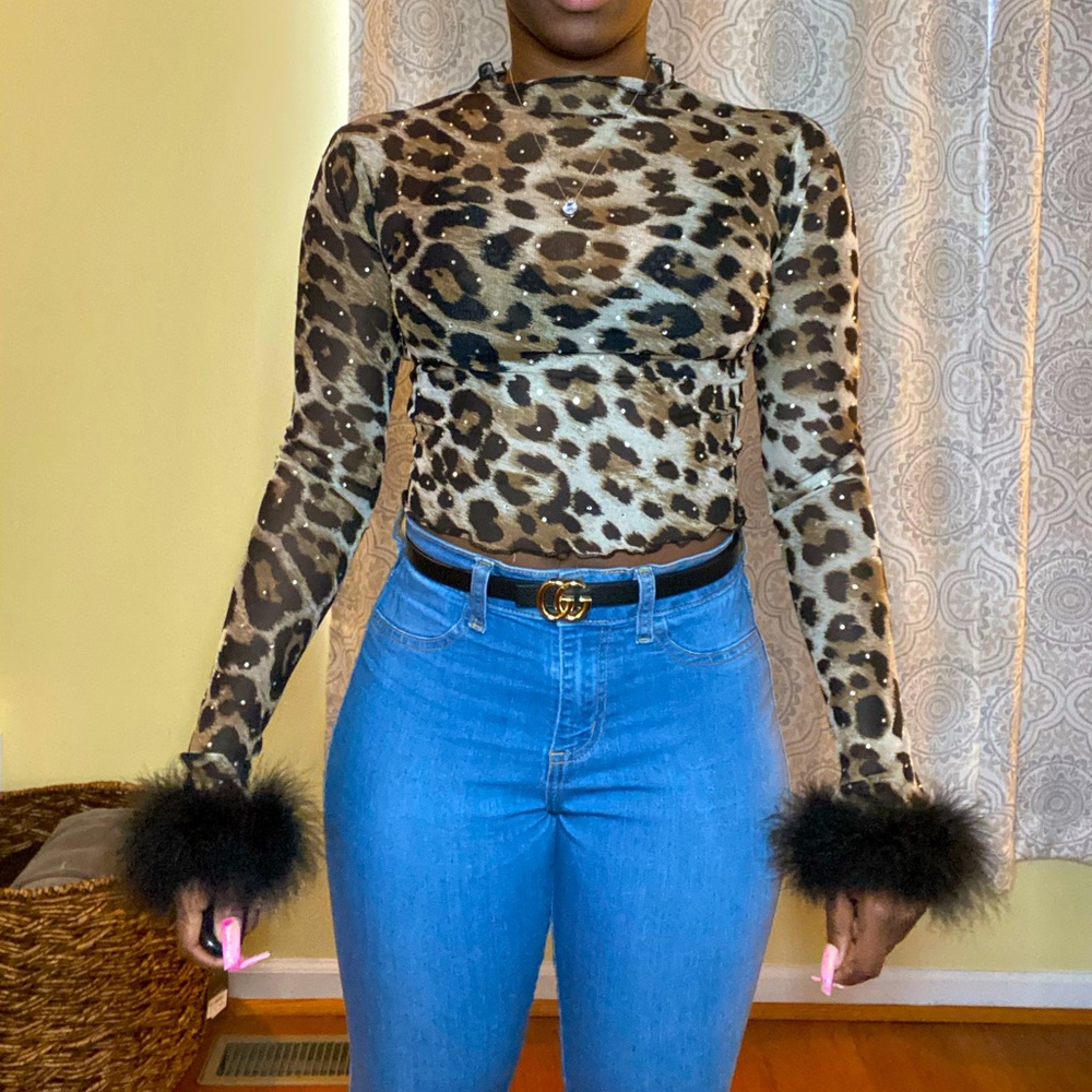 Mesh Sequined Leopard Top with Fur
